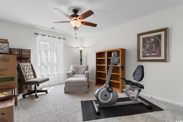 818 Mourning Dove Dr, Myrtle Beach, SC 29577 - workout area featuring a ceiling fan, carpet flooring, and baseboards