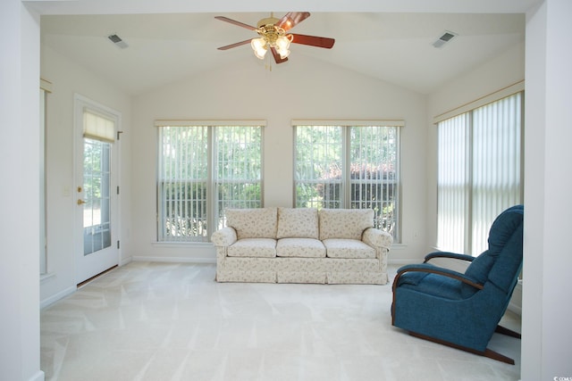 1044 Vestry Dr, Murrells Inlet, SC 29576 - living room with vaulted ceiling, ceiling fan, carpet, and baseboards