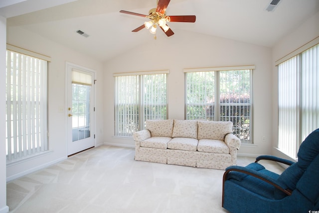 1044 Vestry Dr, Murrells Inlet, SC 29576 - living area with carpet, vaulted ceiling, baseboards, and a ceiling fan
