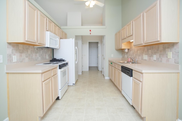 1044 Vestry Dr, Murrells Inlet, SC 29576 - kitchen featuring white appliances, a sink, tasteful backsplash, and a ceiling fan
