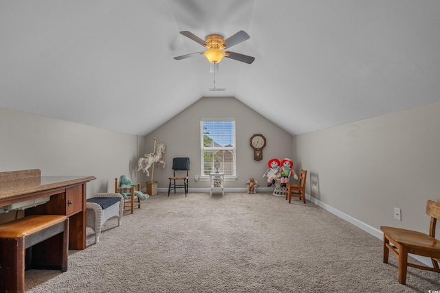 game room featuring carpet floors, vaulted ceiling, ceiling fan, and baseboards