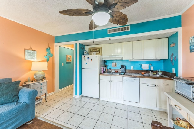 415 Ocean Creek Dr Unit 2330, Myrtle Beach, SC 29572 - kitchen with white appliances, a textured ceiling, under cabinet range hood, a sink, and ceiling fan