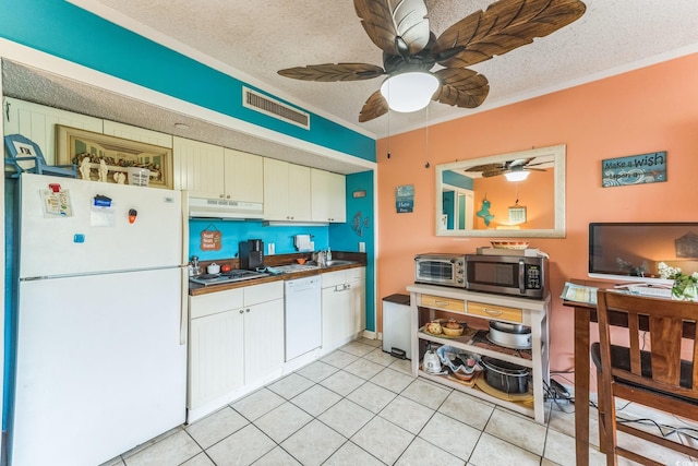 415 Ocean Creek Dr Unit 2330, Myrtle Beach, SC 29572 - kitchen featuring white appliances, under cabinet range hood, a textured ceiling, a ceiling fan, and white cabinets