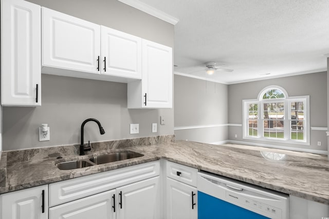 682 Riverwalk Dr Unit 102, Myrtle Beach, SC 29579 - kitchen featuring a sink, white dishwasher, a ceiling fan, ornamental molding, and white cabinets