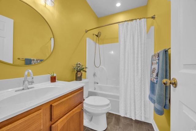 1451 Virginia Pine Dr, Longs, SC 29568 - bathroom with toilet, shower / bath combination with curtain, vanity, and wood finished floors