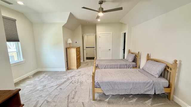 bedroom with light colored carpet, baseboards, a ceiling fan, and recessed lighting