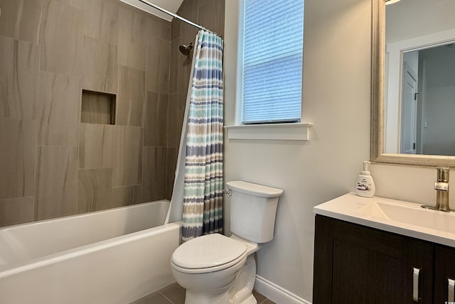 bathroom featuring toilet, shower / bathtub combination with curtain, vanity, baseboards, and tile patterned flooring