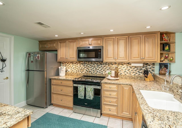 4440 Nassau Ct Unit 308, Little River, SC 29566 - kitchen with appliances with stainless steel finishes, a sink, decorative backsplash, light tile patterned floors, and recessed lighting
