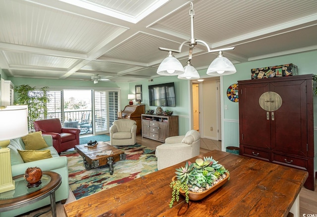 4440 Nassau Ct Unit 308, Little River, SC 29566 - living room with coffered ceiling, ceiling fan, beam ceiling, and baseboards