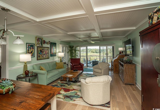 4440 Nassau Ct Unit 308, Little River, SC 29566 - living room featuring coffered ceiling, light wood-type flooring, ceiling fan, beam ceiling, and wainscoting