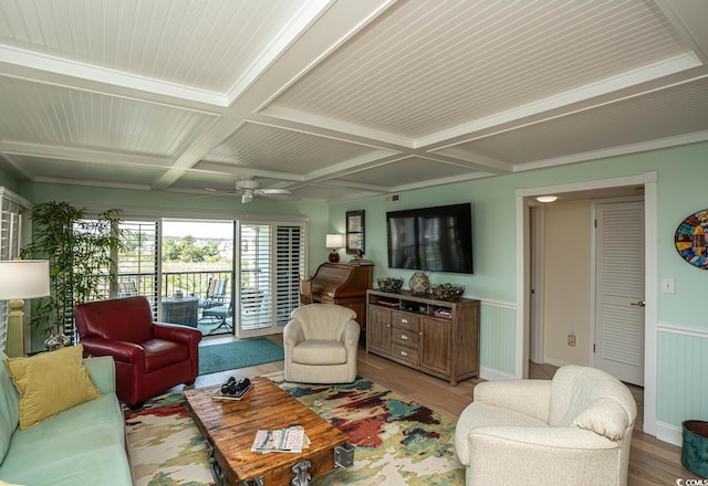 4440 Nassau Ct Unit 308, Little River, SC 29566 - living room featuring coffered ceiling, light wood-style flooring, a wainscoted wall, beamed ceiling, and ceiling fan