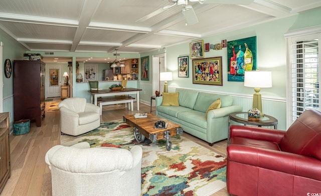 4440 Nassau Ct Unit 308, Little River, SC 29566 - living area featuring coffered ceiling, wood finished floors, beamed ceiling, and a ceiling fan