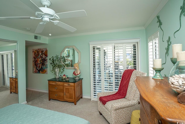 4440 Nassau Ct Unit 308, Little River, SC 29566 - bedroom with light carpet, ornamental molding, baseboards, ceiling fan, and access to exterior