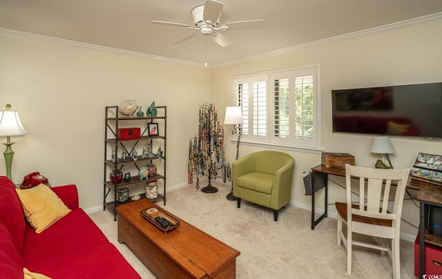 4440 Nassau Ct Unit 308, Little River, SC 29566 - carpeted living room featuring ceiling fan, ornamental molding, and baseboards