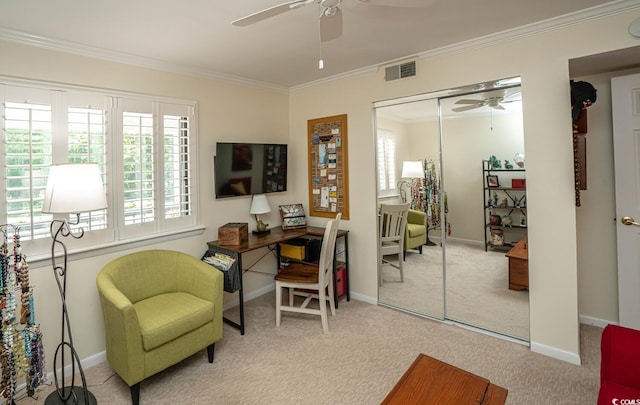 4440 Nassau Ct Unit 308, Little River, SC 29566 - office featuring a ceiling fan, carpet floors, crown molding, and baseboards