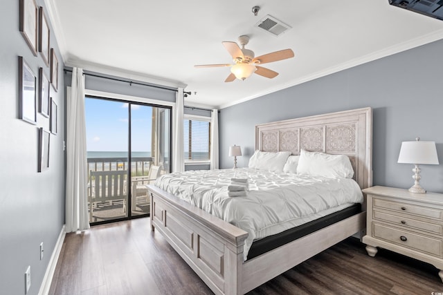 bedroom with crown molding, access to exterior, dark wood-style flooring, baseboards, and a ceiling fan