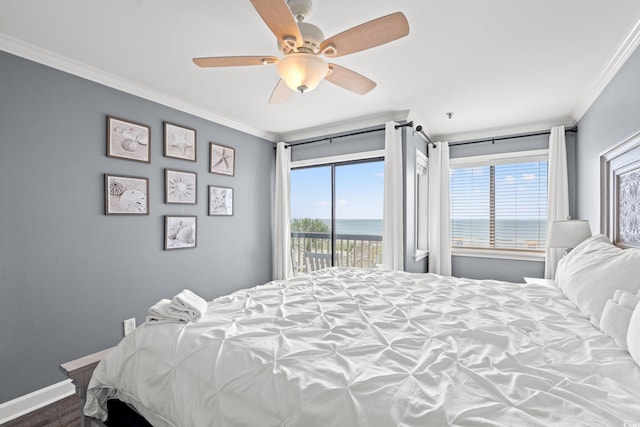 bedroom with access to outside, ornamental molding, a water view, baseboards, and a ceiling fan