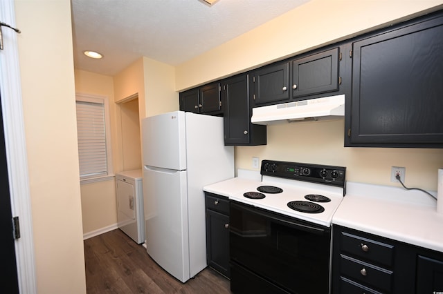 669 Tupelo Ln Unit 18D, Longs, SC 29568 - kitchen with electric stove, under cabinet range hood, washer / clothes dryer, freestanding refrigerator, and dark wood-style floors