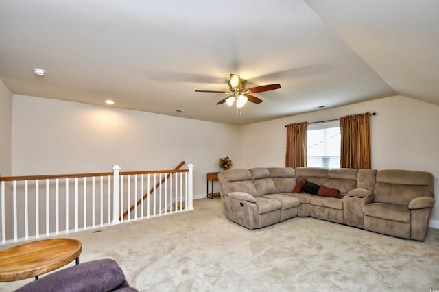 1141 Prescott Cir, Myrtle Beach, SC 29577 - living room featuring carpet flooring, ceiling fan, and vaulted ceiling