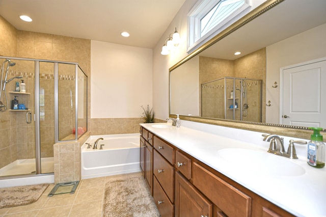 1141 Prescott Cir, Myrtle Beach, SC 29577 - bathroom featuring tile patterned floors, a garden tub, double vanity, a shower stall, and recessed lighting