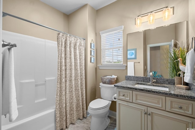 bathroom with toilet, vanity, shower / tub combo with curtain, and tile patterned flooring