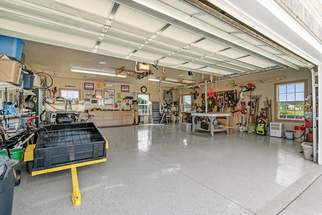 garage with a workshop area