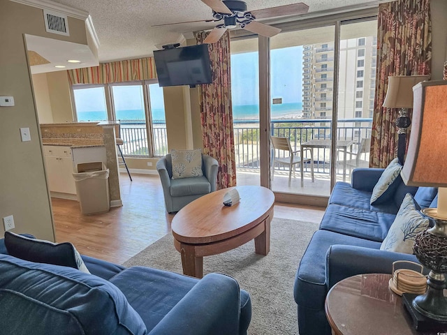 8560 Queensway Blvd Unit 508, Myrtle Beach, SC 29572 - living room with light wood-style flooring, a ceiling fan, and a textured ceiling