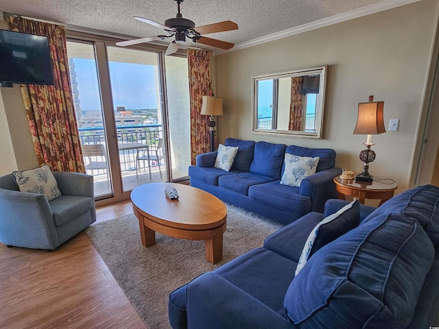 8560 Queensway Blvd Unit 508, Myrtle Beach, SC 29572 - living room with wood finished floors, a textured ceiling, ceiling fan, and ornamental molding