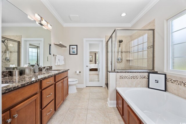 310 Babylon Pine Dr, Myrtle Beach, SC 29579 - ensuite bathroom with a stall shower, ornamental molding, vanity, a bath, and tile patterned floors