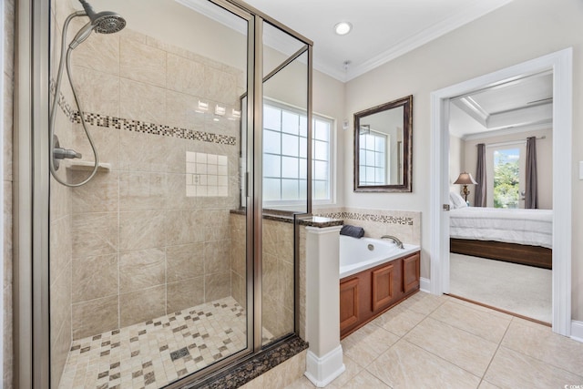full bath featuring ornamental molding, ensuite bathroom, a stall shower, a garden tub, and tile patterned floors