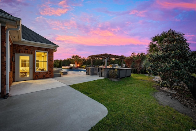 view of grassy yard featuring a pergola, a patio area, an outdoor pool, and an outdoor kitchen