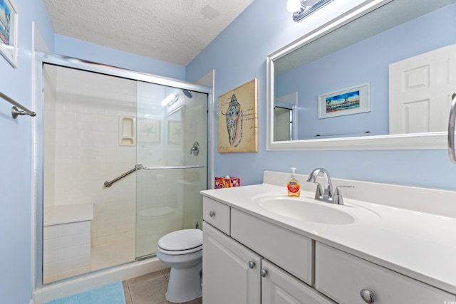 7403 N Ocean Blvd Unit C, Myrtle Beach, SC 29572 - bathroom with vanity, toilet, a shower stall, tile patterned flooring, and a textured ceiling