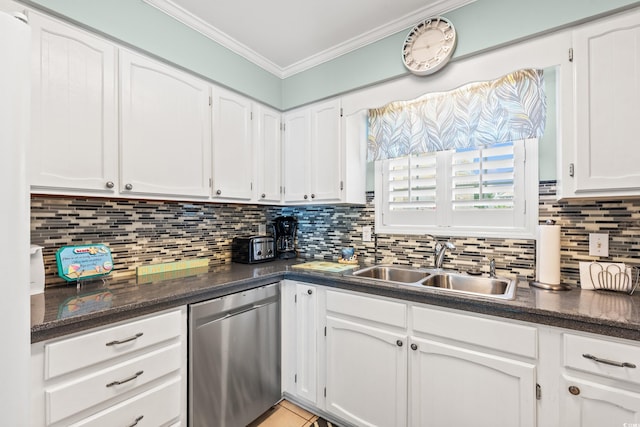 7403 N Ocean Blvd Unit C, Myrtle Beach, SC 29572 - kitchen featuring dishwasher, ornamental molding, a sink, dark countertops, and white cabinets