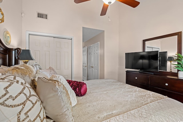 314 Lyons Cove Dr, Myrtle Beach, SC 29577 - bedroom with a high ceiling, a ceiling fan, and a closet