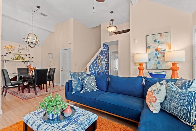 314 Lyons Cove Dr, Myrtle Beach, SC 29577 - living area featuring a chandelier, wood finished floors, beamed ceiling, and high vaulted ceiling
