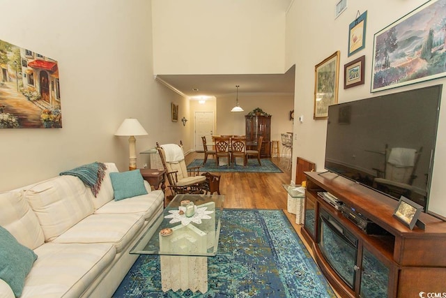 1028 Fairway Ln Unit 71, Conway, SC 29526 - living room with wood finished floors, ornamental molding, and a towering ceiling