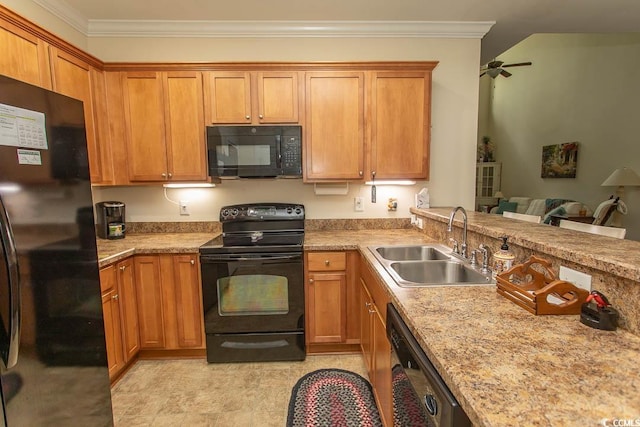 1028 Fairway Ln Unit 71, Conway, SC 29526 - kitchen with black appliances, a sink, crown molding, light countertops, and brown cabinets
