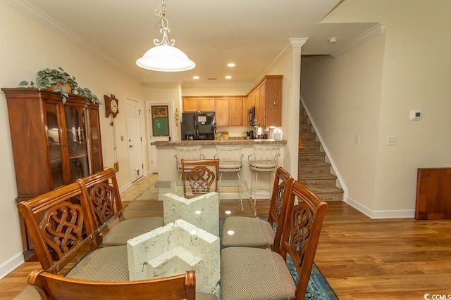 1028 Fairway Ln Unit 71, Conway, SC 29526 - dining room featuring baseboards, ornamental molding, stairs, light wood-style flooring, and recessed lighting