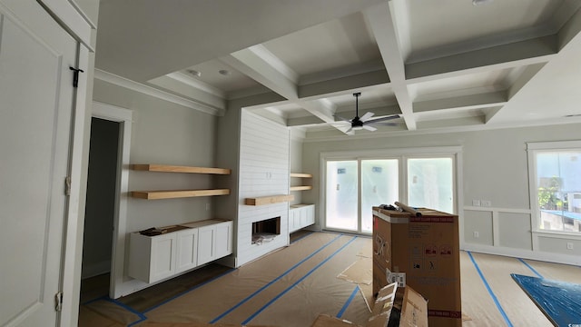 1424 Hydrangea Dr, Myrtle Beach, SC 29579 - living area with ceiling fan, beam ceiling, coffered ceiling, and crown molding