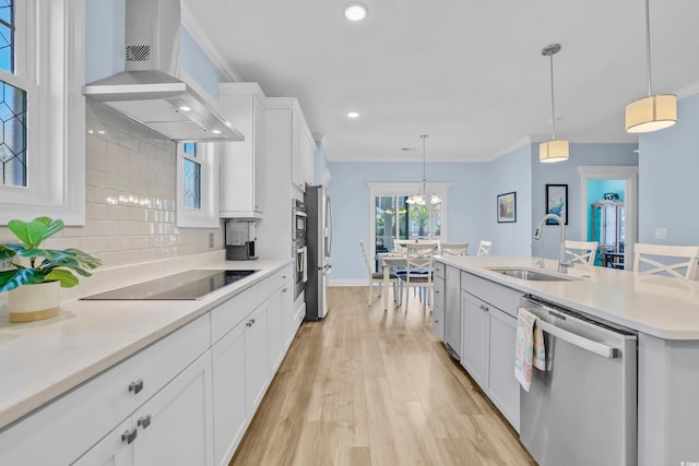 1012 Mary Read Dr, North Myrtle Beach, SC 29582 - kitchen featuring appliances with stainless steel finishes, a sink, wall chimney exhaust hood, white cabinets, and light countertops