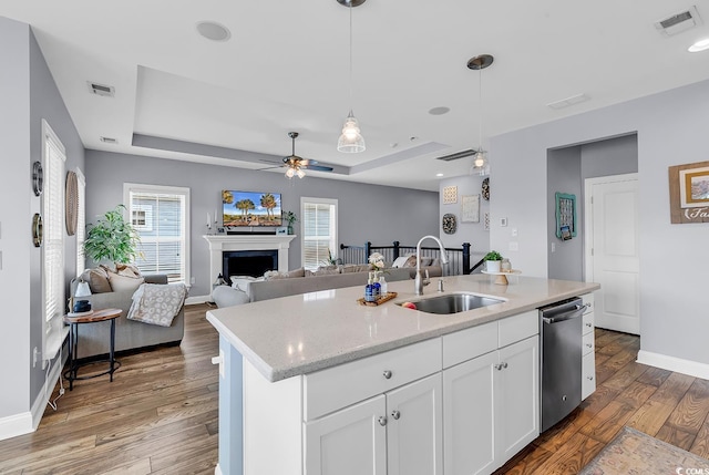 104 Splendor Cir, Murrells Inlet, SC 29576 - kitchen with stainless steel dishwasher, a sink, a tray ceiling, and open floor plan