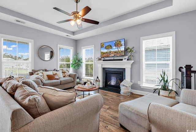 104 Splendor Cir, Murrells Inlet, SC 29576 - living area with a raised ceiling, wood finished floors, a ceiling fan, a glass covered fireplace, and plenty of natural light