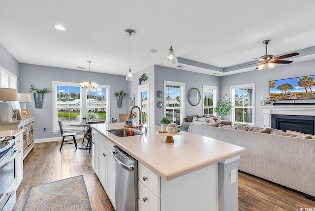 104 Splendor Cir, Murrells Inlet, SC 29576 - kitchen featuring stainless steel appliances, a glass covered fireplace, a sink, open floor plan, and wood finished floors