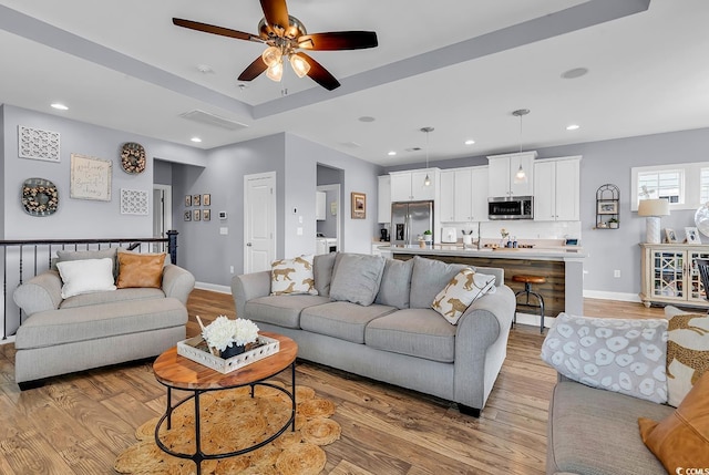 104 Splendor Cir, Murrells Inlet, SC 29576 - living area featuring light wood finished floors, ceiling fan, baseboards, and recessed lighting