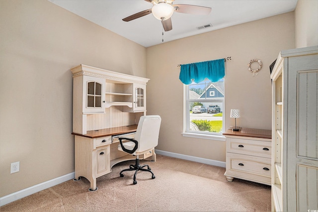 505 Joy Way Ct, Longs, SC 29568 - home office featuring a ceiling fan, light colored carpet, and baseboards