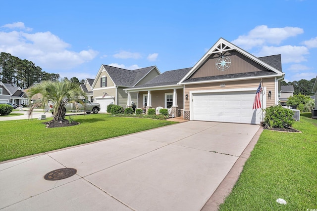 505 Joy Way Ct, Longs, SC 29568 - craftsman-style home featuring a garage, a front yard, concrete driveway, and cooling unit