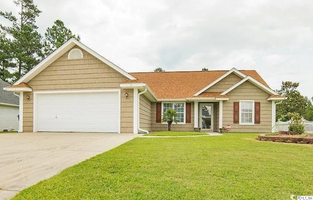550 Bridgeport Dr, Myrtle Beach, SC 29577 - view of front of house featuring concrete driveway, a garage, a front lawn, and a shingled roof