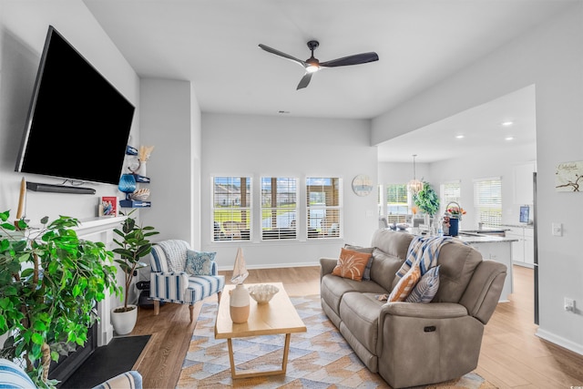 1664 White Starfish Ct, Calabash, NC 28467 - living area featuring a ceiling fan, light wood-style flooring, and recessed lighting