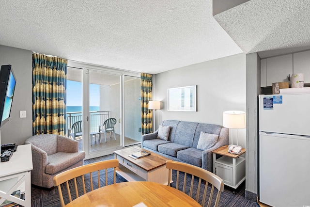 304 N Ocean Blvd Unit 1113, North Myrtle Beach, SC 29582 - living room featuring a textured ceiling, expansive windows, and a water view