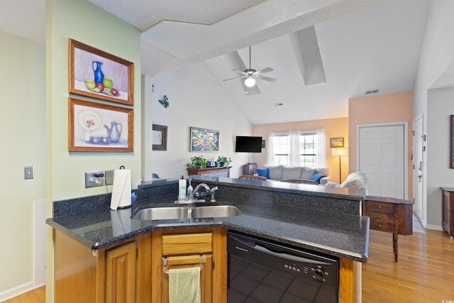 1422 Baldwin Ct Unit 1422, Little River, SC 29566 - kitchen with dishwasher, a sink, open floor plan, light wood-type flooring, and ceiling fan